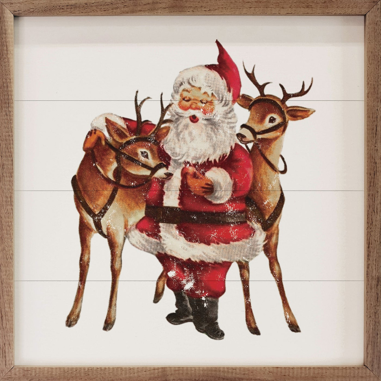 ヴィンテージARTサイン入りサンタ2体 Vintage Style Santa Claus with Reindeer - Wood Framed Sign